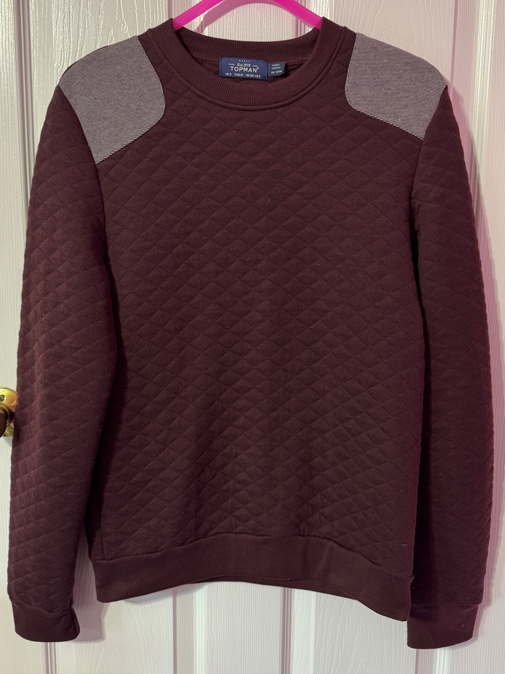 Topman Quilted Crewneck Sweater in Brown with Gray Shoulder Panels
